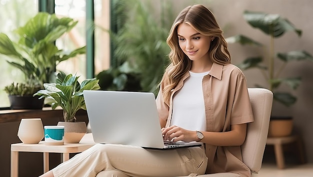 beautiful young businesswoman using laptop while sitting