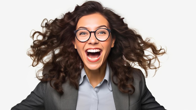 Beautiful young businesswoman very excited cheerful successful isolated on white background Generative ai