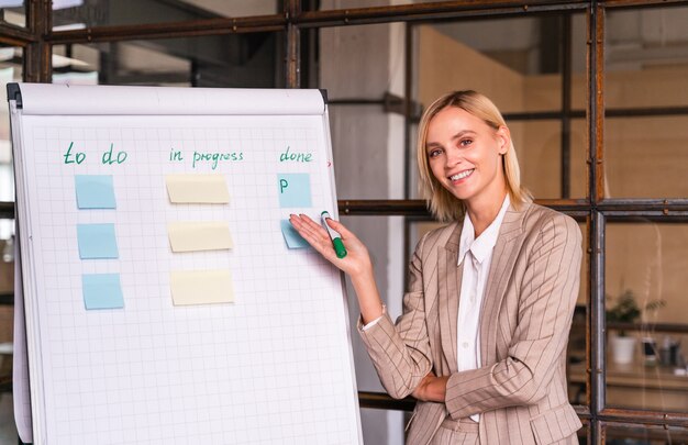 Beautiful young businesswoman with elegant formal dress working in a company