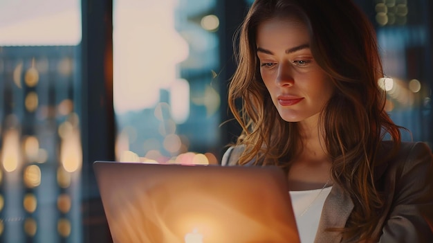 Beautiful young businesswoman working on laptop in the city at night