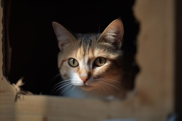 Photo beautiful young cat watching from ragged hole in cardboard house