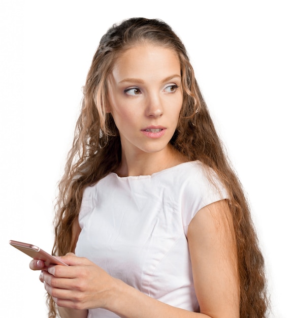 Beautiful young caucasian business woman with smart phone 