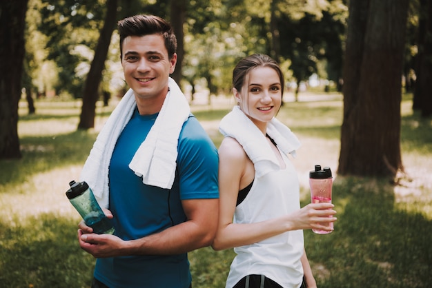 Beautiful Young Caucasian Couple is Posing after Training.