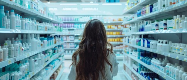 Красивая молодая белая женщина просматривает полки современной аптеки в поисках лучших лекарств, лекарств и витаминов.