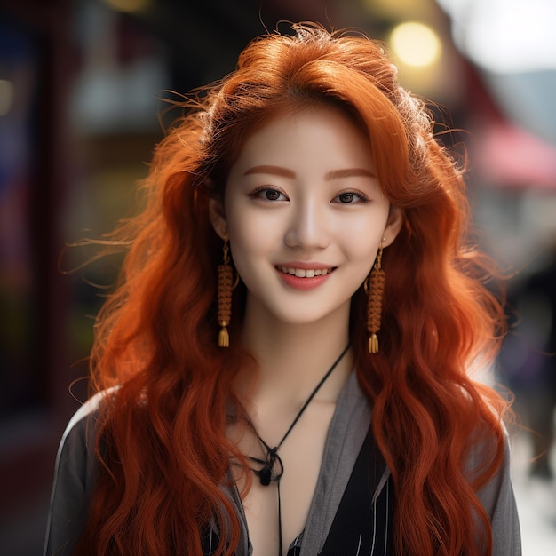 красивая молодая китайская девушка с красными кудрявыми волосами улыбается в камеру