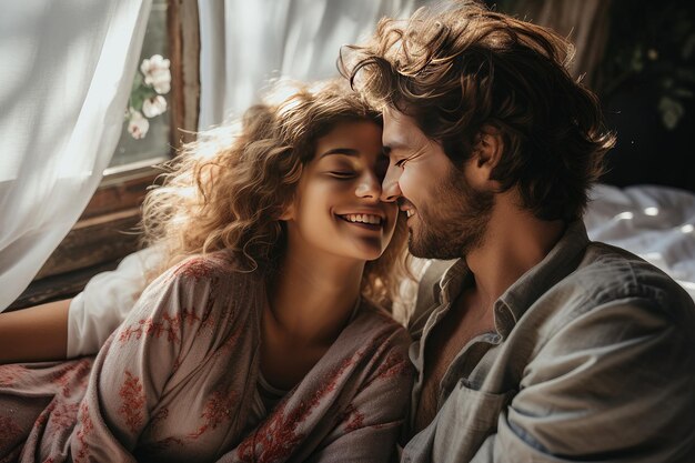 Photo beautiful young couple bonding and smiling while sitting in the bedroom