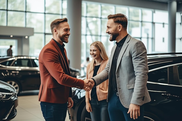 Beautiful young couple buying new car in car showroom