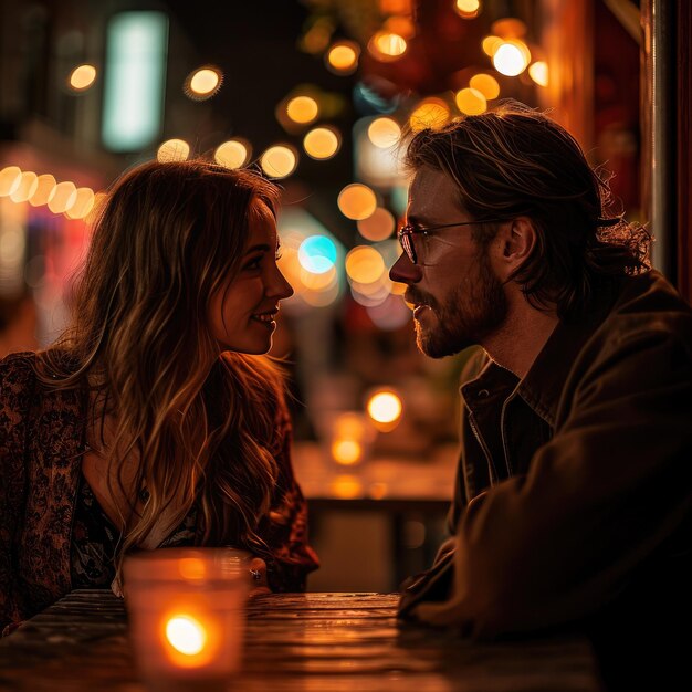 Photo beautiful young couple date at night cinematic portrait generative ai