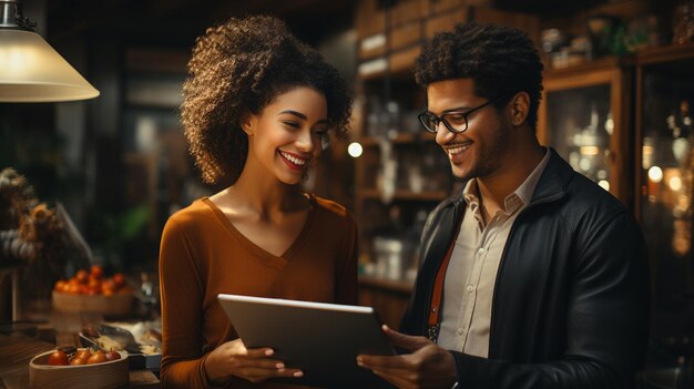 Beautiful young couple dating in cafe at table with candles and croissantsgenerative ai