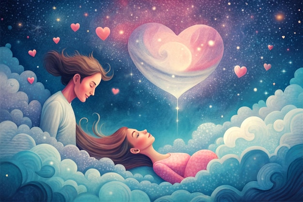 beautiful young couple dreaming of their future heart background paper art style