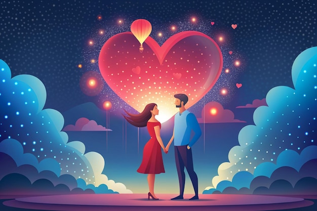 beautiful young couple dreaming of their future heart background paper art style
