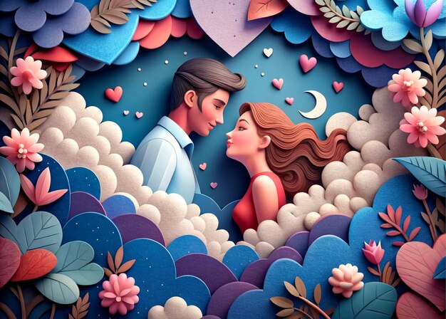 beautiful Young couple dreaming of their future heart background paper art style