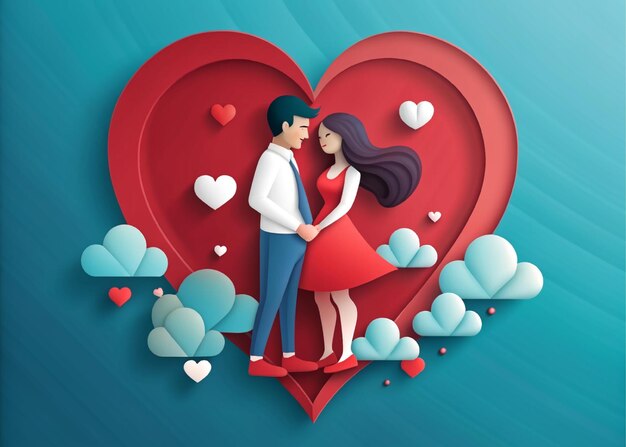 Photo beautiful young couple dreaming of their future heart background paper art style