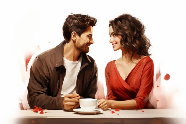 Прекрасная молодая пара уходит на романтический ужин в ресторане, улыбается и смотрит друг на друга.