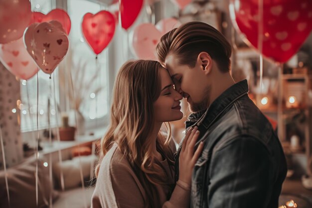 Beautiful young couple at home Hugging kissing and enjoying spending time together while celebrating