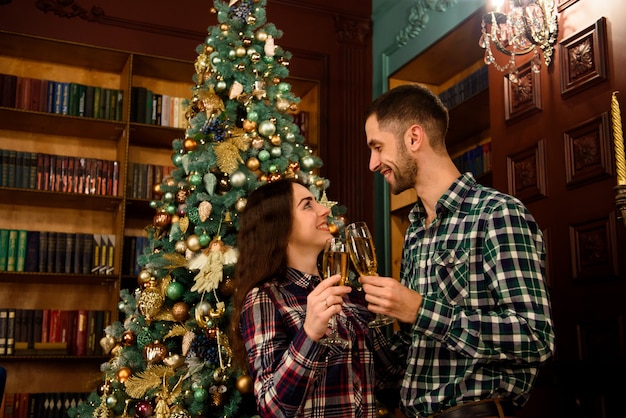 Beautiful young couple is holding glasses of champagne and smiling while celebrating at home