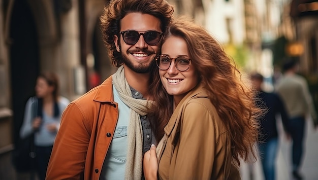 Красивая молодая пара обнимается и улыбается во время прогулки по городу