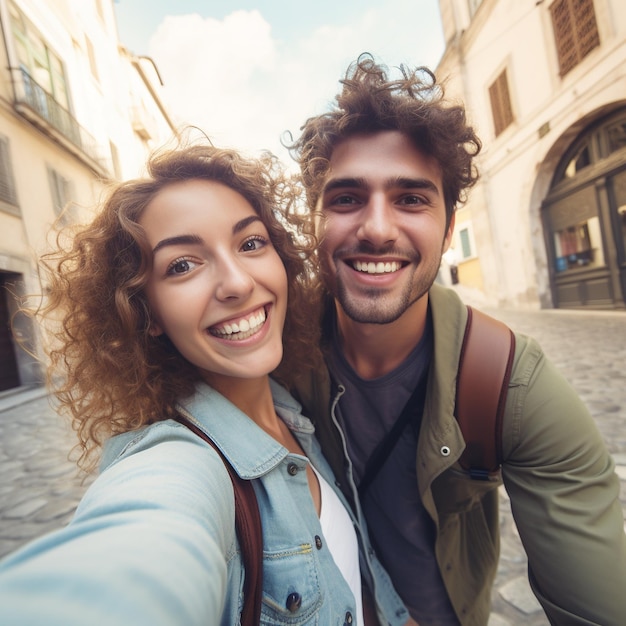 Beautiful young couple is taking a selfie and smiling while walking in the city