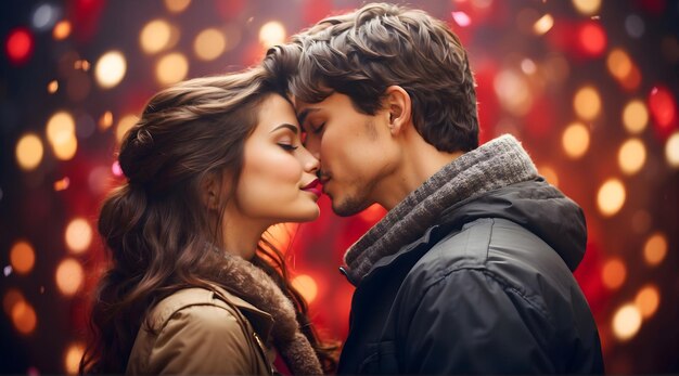 Beautiful young Couple kissing portrait exitement Valentines day special bokeh background f18