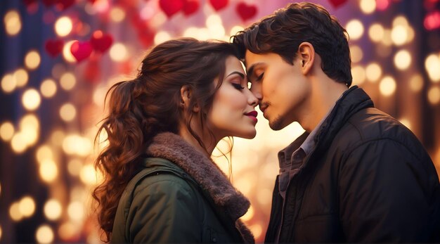 Photo beautiful young couple kissing portrait exitement valentines day special bokeh background f18