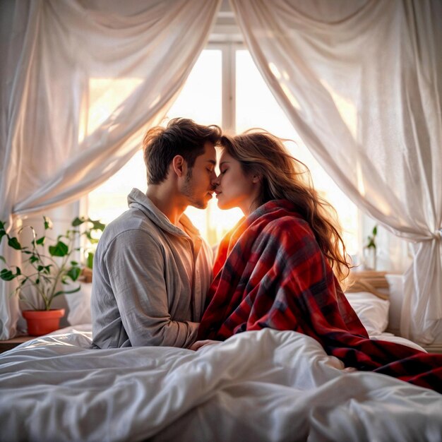 Beautiful young couple in love in bed in the morning