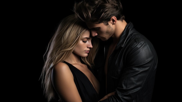 Beautiful young couple in love embracing on black background