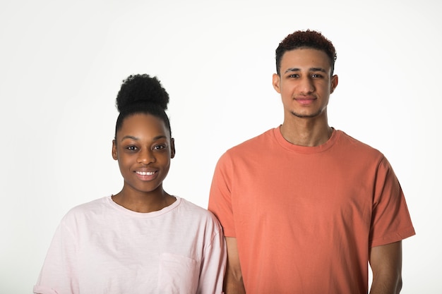 beautiful young couple man and woman on white background