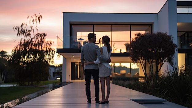 Beautiful young couple outside house at sunset