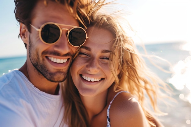 Beautiful young couple smiling on a summer day travel all over the world