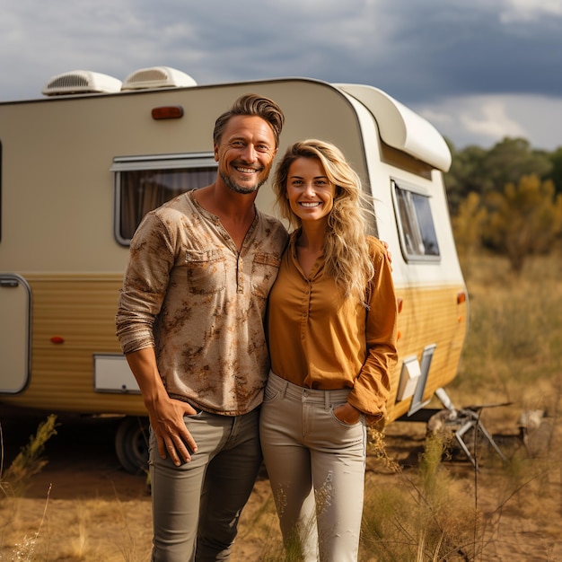 Beautiful young couple standing in front of a white camper van on a summer dayTravel motorhome