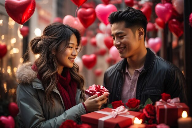 Beautiful young couple surprise with rose and gift in bedroomValentine's Day concept