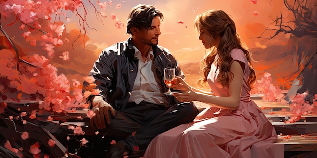 Фото Красивая молодая пара с бокалами вина в романтическом саду