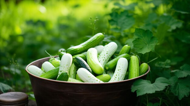 Beautiful young cucumbers in a white plastic bucket