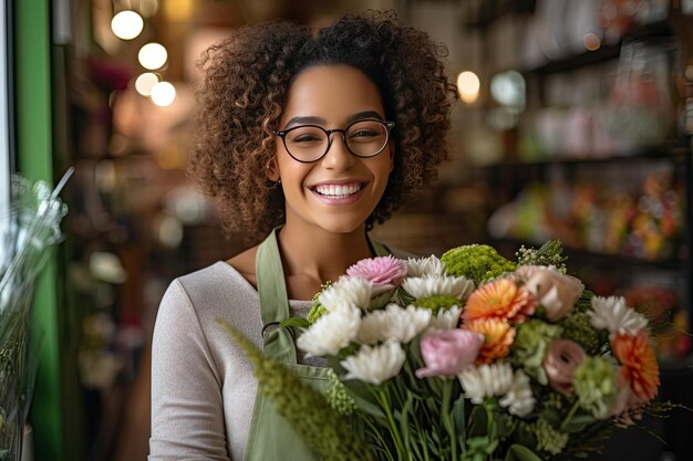 beautiful young curly woman florist in the middle of flowers