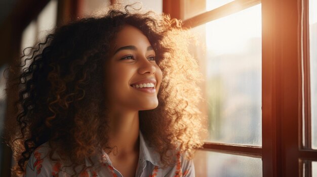 Beautiful young Dominican woman smiling happily in front of window with beautiful sunlight