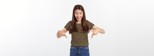 Beautiful young elegant woman over isolated background pointing hand and fingers with sad expression