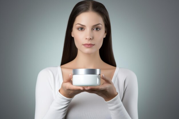 Beautiful young european woman holds jar with skincare cream morning routine female lady takes care