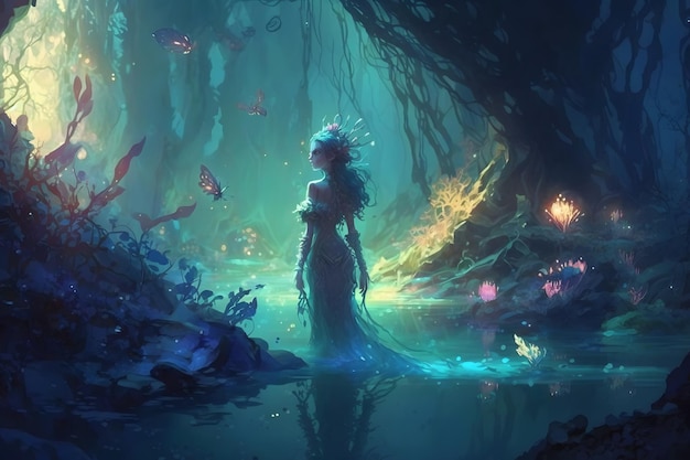 Beautiful young fairytale nymph girl in natural dress in sacred river with water lilies and trees Neural network generated art