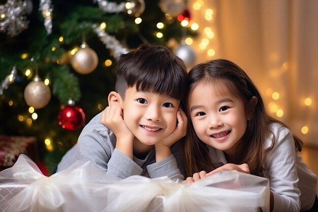 Beautiful young family enjoying their holiday time together cute happy children sitting by the Christmas tree in the living room smiling Merry Christmas Holiday and family concept