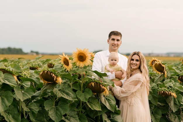 A beautiful young family mom and dad with a one-year-old daughter in nature, a happy family in a sunflower field