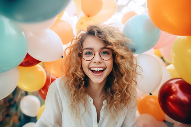 Beautiful young fashion european girl smiling looking on camera balloons background