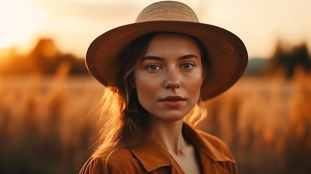 Photo beautiful young fashionable woman posing outdoors on the field at sunset