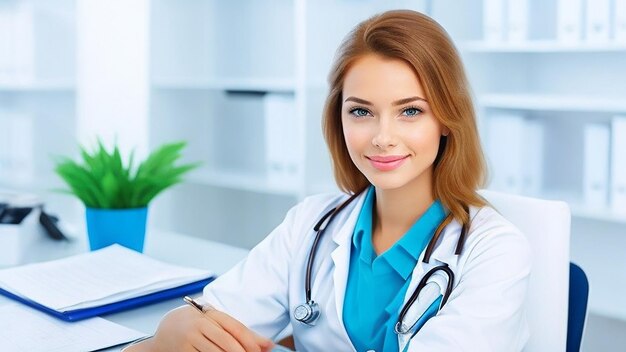 Beautiful young female doctor looking at camera in the office