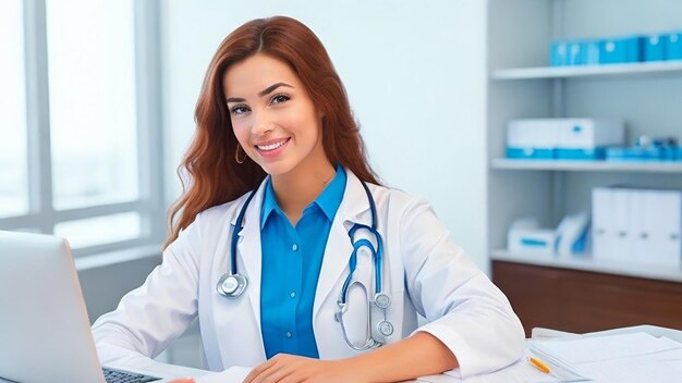 Beautiful young female doctor looking at camera in the office