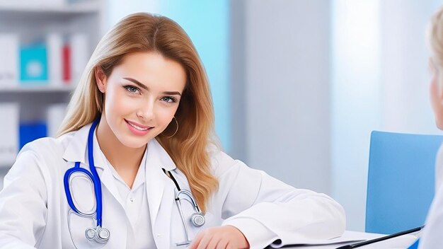 Beautiful young female doctor looking at camera in the office