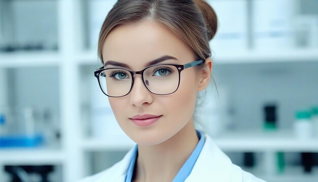 Beautiful young female doctor nurse hospital worker scientific laboratory white coat and eyeglasses