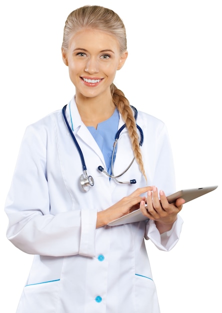 Beautiful young female doctor with digital healthcare record