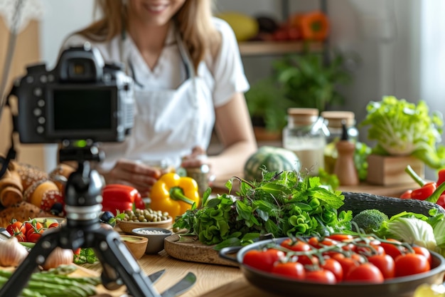 Photo beautiful young female health coach recording on a camera her blog about healthy eating generative ai