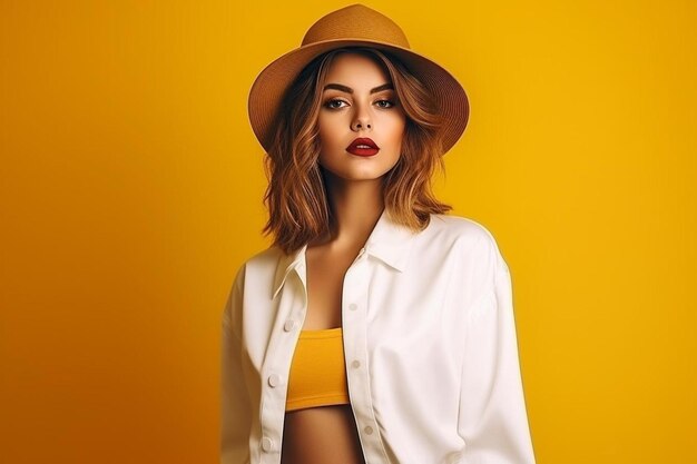 Photo beautiful young female in a jacket and sunglasses on a yellow background