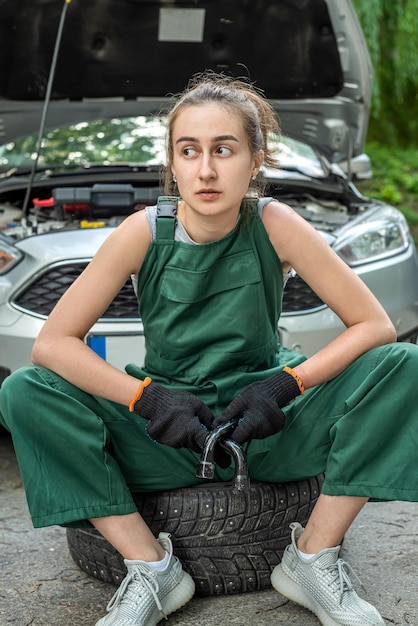 Beautiful young female mechanic in uniform and special mittens\
perfectly copes with work near the car mechanic woman concept car\
repair concept